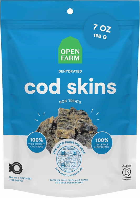 Open Farm, Dehydrated Dog Treats, High Protein & Low Carbohydrate Cod Skins, Crunchy Texture, Single Ingredient Wild-Caught Cod Skins Recipe, 7oz Bag Bulk-Size