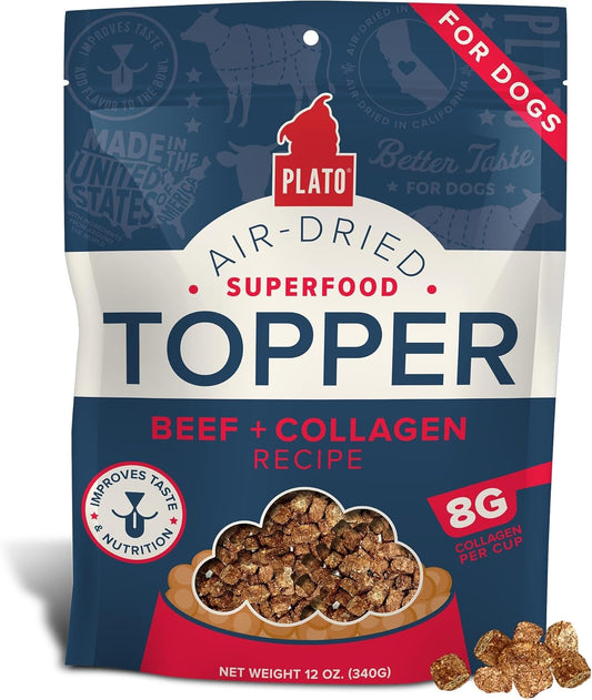 PLATO Pet Treats Dog Food Toppers - Air-Dried Dog Food Toppers for Dry Food - with Collagen to Support Skin and Coat Health - Beef and Collagen Recipe