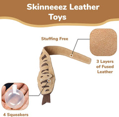 Skineeez Leather Snake - Stuffingless Dog Toy Made from Real Leather with 4 Squeakers, Mess Free Design for Strong Chewers, Tug Toy for Large Dogs and Puppies