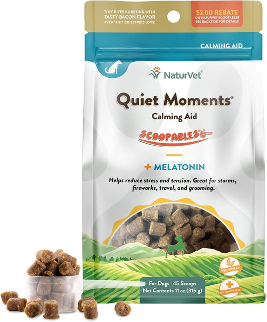 NaturVet Scoopables Quiet Moments Dog Calming Aid for Dogs - Promotes Calm with Stressful Events Like Storms, Fireworks, Travel, Separation Anxiety - Hickory Smoked Bacon Flavored