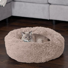 Furhaven 23" Round Calming Donut Dog Bed for Indoor Cats & Small Dogs, Washable, For Dogs Up to 20 lbs - Shaggy Plush Long Faux Fur Donut Bed, Small, 23.0"L x 23.0"W x 9.0"Th