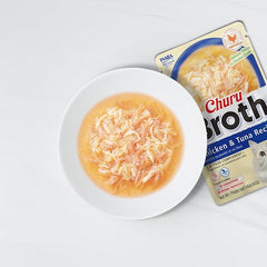 INABA Churu Broth for Cats, Creamy Broth with Shredded Chicken Side Dish Pouch, 1.4 Ounces per Pouch, 12 Pouches, Chicken & Tuna Recipe