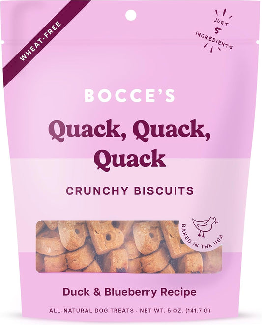 Bocce's Bakery Oven Baked Quack, Quack Treats for Dogs, Everyday Wheat-Free Dog Treats, Made with Real Ingredients, in The USA, All-Natural Duck & Blueberry Biscuits, 5 oz