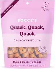 Bocce's Bakery Oven Baked Quack, Quack Treats for Dogs, Everyday Wheat-Free Dog Treats, Made with Real Ingredients, in The USA, All-Natural Duck & Blueberry Biscuits, 5 oz