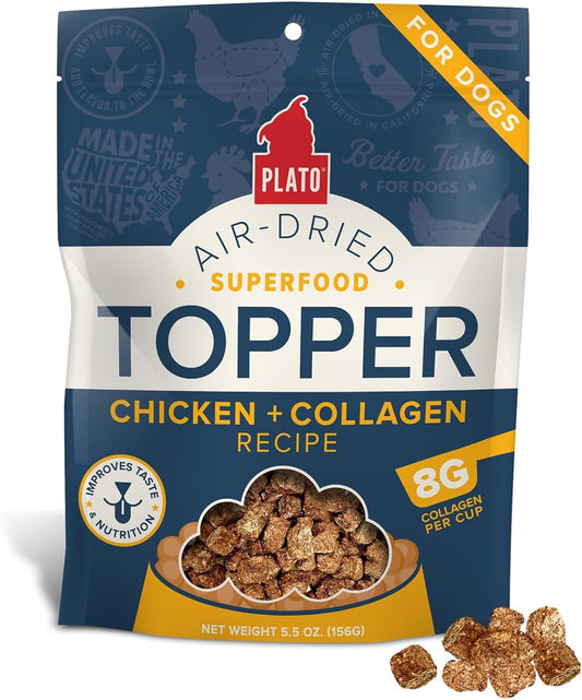 PLATO Pet Treats Dog Food Toppers - Air-Dried Dog Food Toppers for Dry Food - with Collagen to Support Skin and Coat Health - Chicken and Collagen Recipe