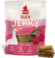 PLATO Pet Treats Jerky Dog Treats - Air-Dried Jerky for Dogs - Delicious, Real Meat Dog Treats - Grain Free - Supports Healthy Digestion - Duck Jerky with Cherry