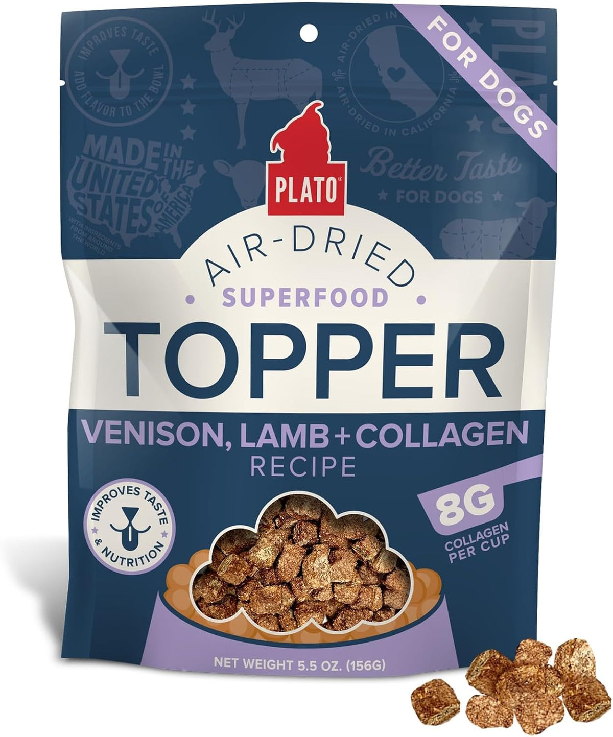 PLATO Pet Treats Dog Food Toppers - Air-Dried Dog Food Toppers for Dry Food - with Collagen to Support Skin and Coat Health - Venison, Lamb and Collagen Recipe
