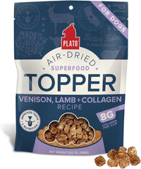 PLATO Pet Treats Dog Food Toppers - Air-Dried Dog Food Toppers for Dry Food - with Collagen to Support Skin and Coat Health - Venison, Lamb and Collagen Recipe