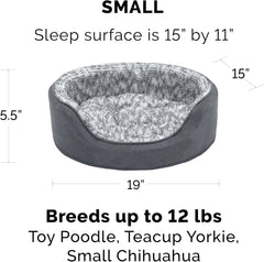 Furhaven Dog Bed for Small Dogs w/ Removable Washable Cover & Pillow Cushion Insert, For Dogs Up to 12 lbs - Two-Tone Faux Fur & Suede Oval Lounger - Gray, Small