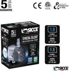 SICCE Syncra Silent 1.5 Multifunction 357 GPH Submersible Water Pump | Italian Made 23W Ultra Quiet Durable Aquarium Fish Tank, Fountain, Pond, Hydroponics, Terrarium Black | Freshwater & Saltwater