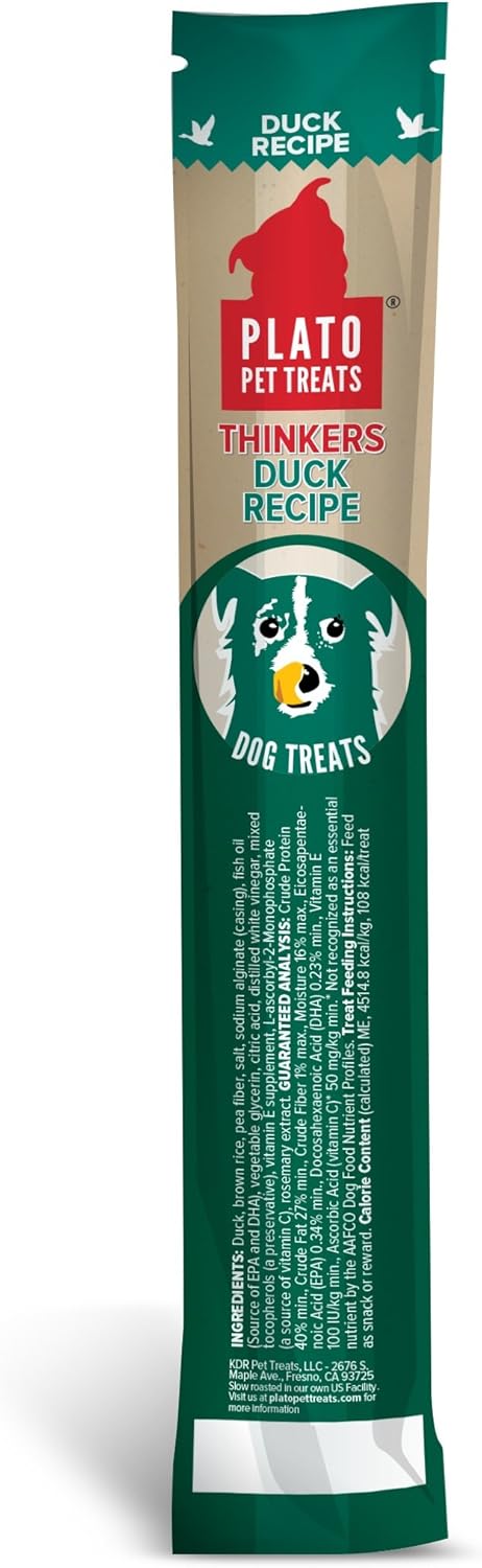 Plato Pet Treats Air Dried Dog Treats Thinkers Stick, All Natural Duck Dog Treats, Real Meat, Made in the USA, Single Stick, 0.63oz
