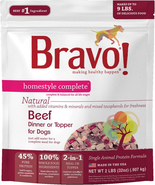 Bravo! Homestyle Complete Freeze Dried Raw Dog Food or Topper, 2 Pounds, Add Water to Rehydrate for up to 9 Pounds of Food, Grain Free, Gluten Free