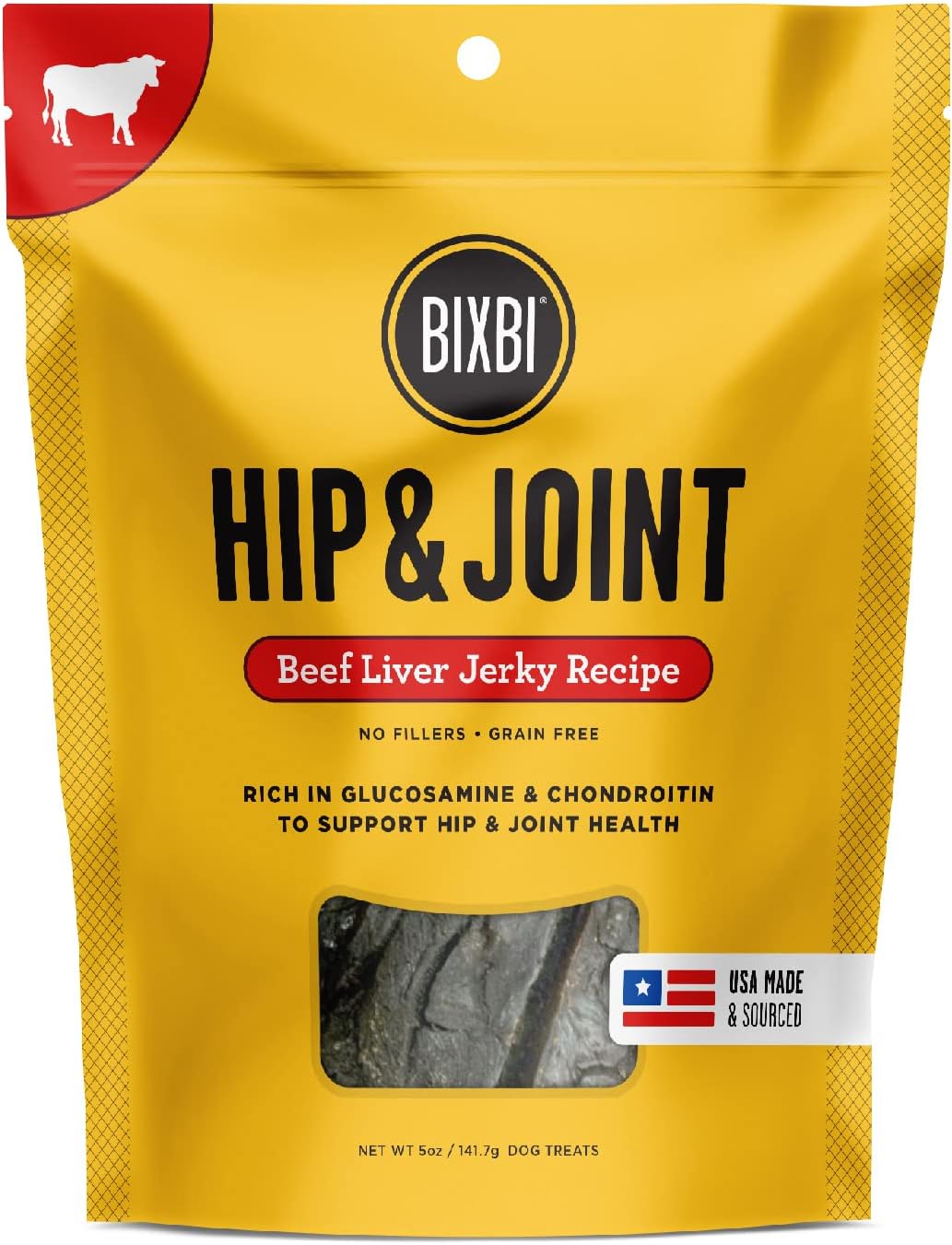 BIXBI Hip & Joint Support Beef Liver Jerky Dog Treats - USA Made Grain Free Dog Treats - Glucosamine, Chondroitin for Dogs - High in Protein, Antioxidant Rich, Whole Food Nutrition, No Fillers