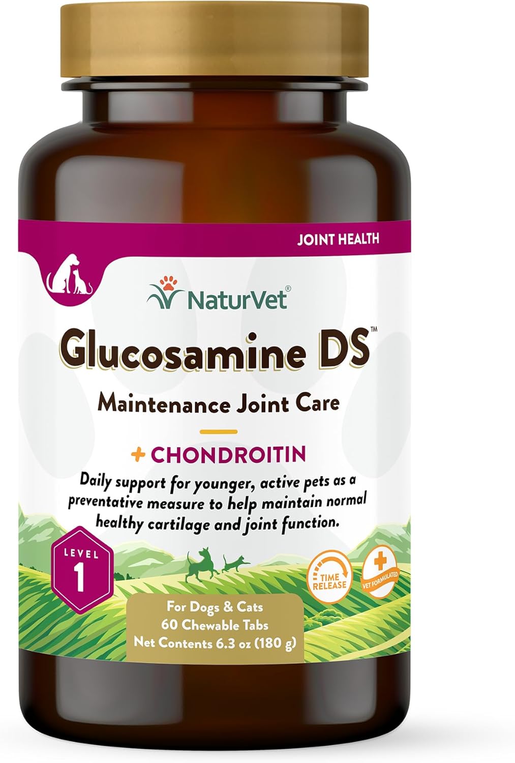 NaturVet Glucosamine DS Level 1 Maintenance Care Hip & Joint Support Pet Supplement for Dogs & Cats –Glucosamine, Chondroitin, Antioxidants –Supports Cartilage, Joint Function – 60 Ct.