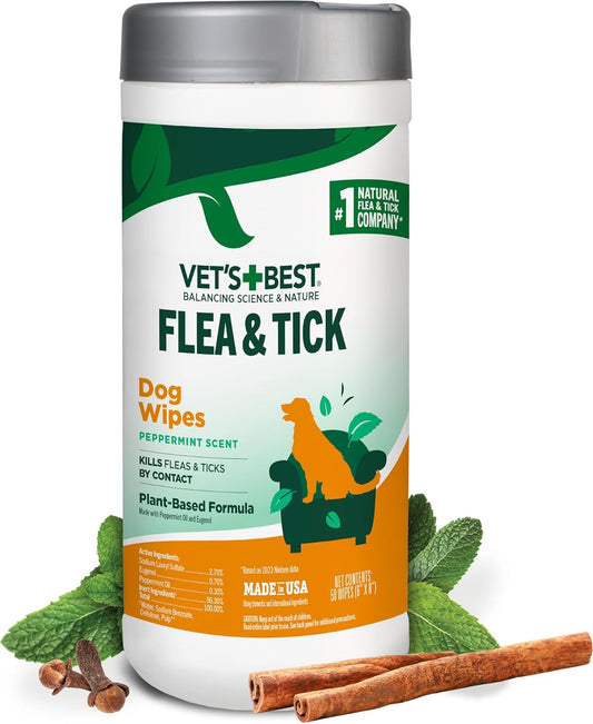 HERO PET Vet's Best Natural Flea and Tick Wipes for Dogs – Natural Plant-Based Wipes for Flea and Tick Prevention – Certified Essential Oils – Pest Control for Kennels and Home Use – Made in USA – 50 Count
