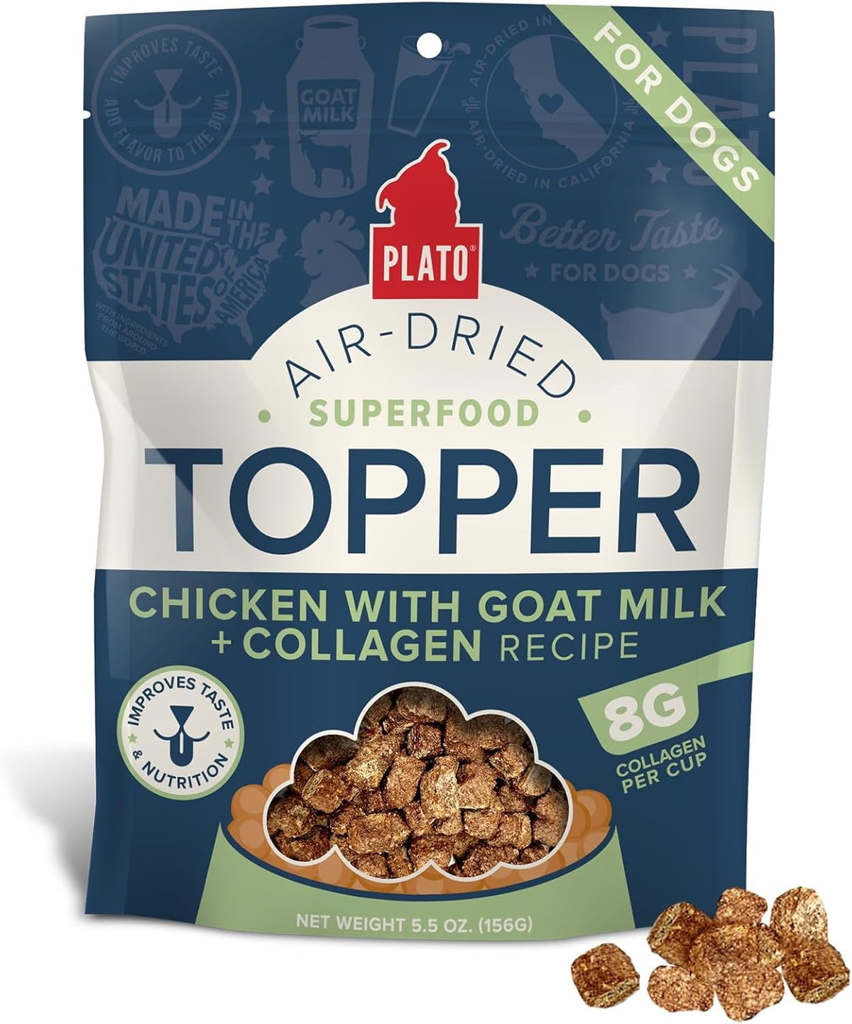 PLATO Pet Treats Dog Food Toppers - Air-Dried Dog Food Toppers for Dry Food - with Collagen to Support Skin and Coat Health - Goat Milk & Collagen Recipe