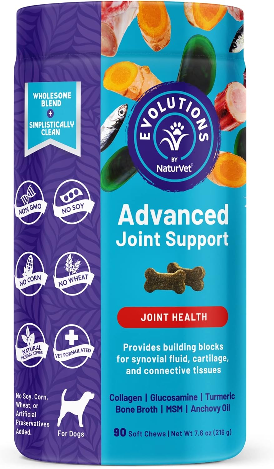 Evolutions by NaturVet Advanced Joint Support 90ct Soft Chews for Dogs - Anchovy Oil, Bone Broth, Collagen, Glucosamine, Turmeric, MSM - Helps Support Synovial Fluid, Cartilage, Connective Tissues