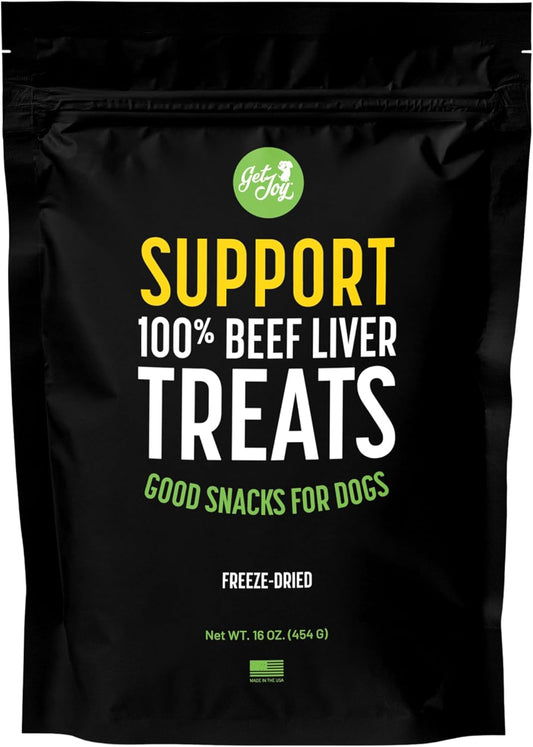 Get Joy Freeze Dried Superfood 100% Beef Liver Dog Treats, 16 Ounce Bag, Single Ingredient Organ Meat, High Protein, Vision, Skin & Coat Health, Muscle Repair, Grain Free, Gluten Free, Made in USA