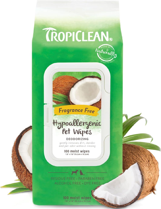 TropiClean Hypoallergenic Dog Wipes for Paws, Butt, Face and Body, Safe for Puppy, Puppy Essentials, Cleaning Deodorizing, Unscented, Cat Safe 100 count