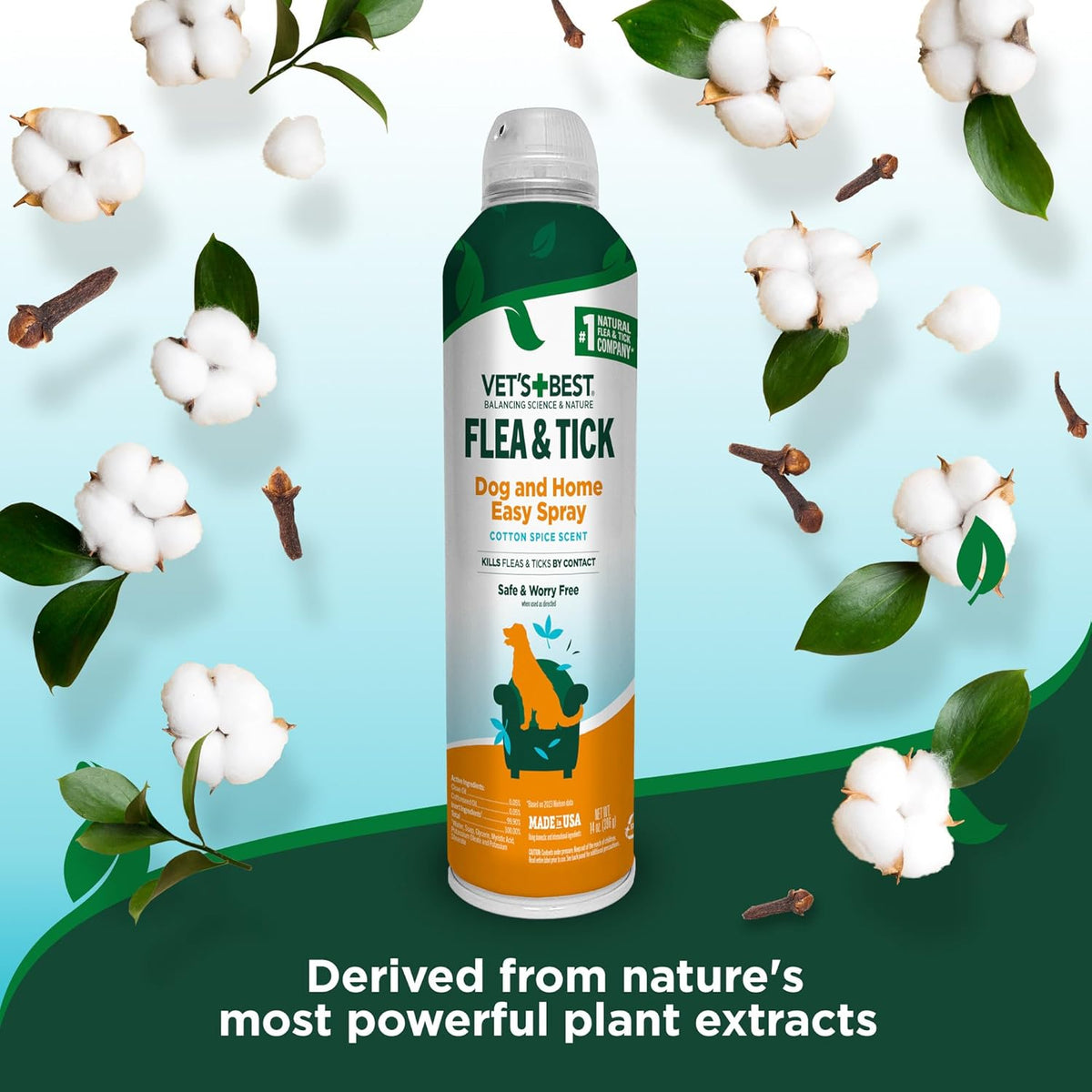 HERO PET Vet's Best Natural Flea and Tick Easy Spray for Dogs – Cotton Spice Scent – Natural Flea & Tick Prevention – Kills Pests on Contact – Plant-Based Formula – Made in USA – 14 oz