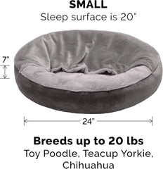 Furhaven 24" Round Calming Donut Dog Bed for Indoor Cats & Small Dogs, Washable, For Dogs Up to 20 lbs - Plush Velvet Waves Hooded Donut Bed
