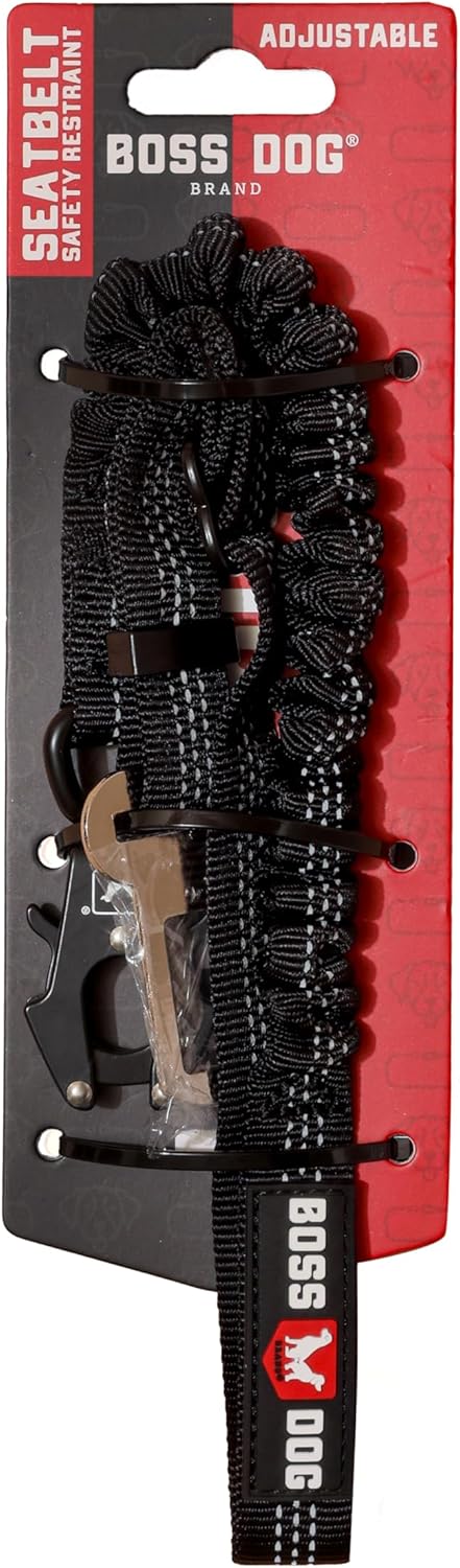 Boss Dog Tactical Bungee Seatbelt Safety Restraint for Dogs and Cats, Black, Adjustable 25-32 in