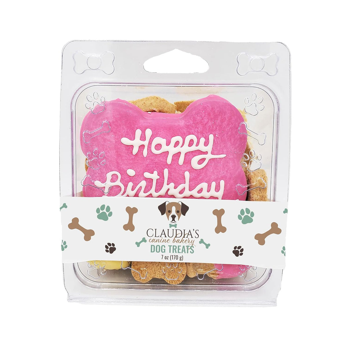 Claudia's Canine Bakery Pink Happy Birthday Dog Cookie Clamshell, 7 Ounces, Baked in The USA