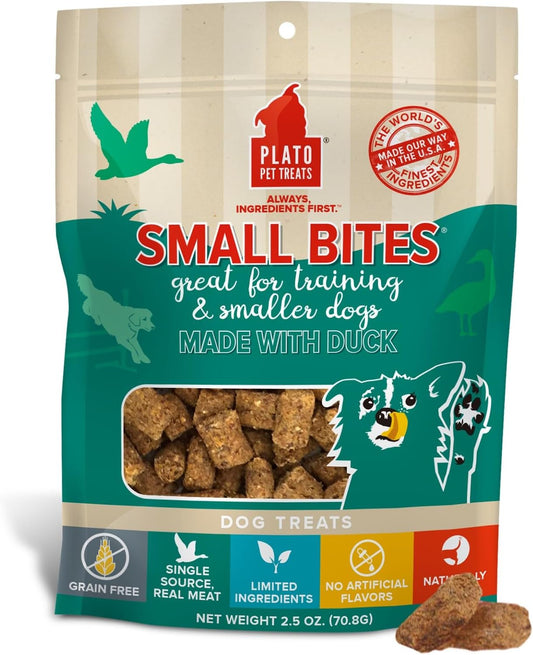 Plato Pet Treats Air Dried Small Bites Dog Treats, Natural Bite Sized Real Meat & Duck, Grain Free & High Protein, Made in the USA
