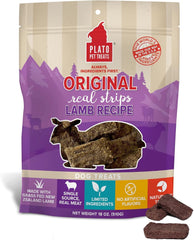 PLATO Pet Treats Real Strips - Air-Dried Meat Bars for Dogs - Delicious, Limited Ingredient Dog Treats - Grain Free - Original Real Strips Lamb