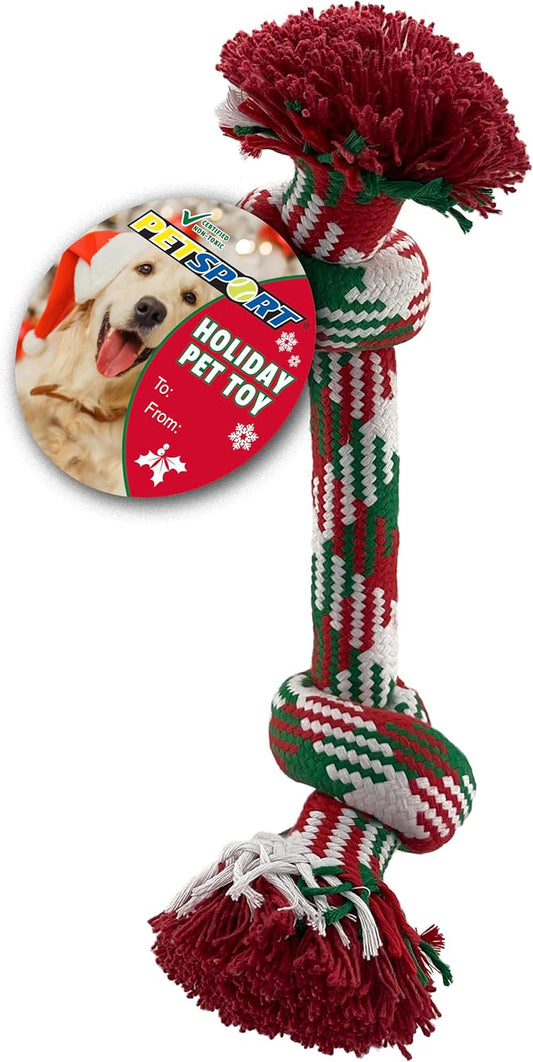 PetSport Holiday Woven 2 Knot Rope Chew and Tug Dog Toy | Made of Premium Non-Toxic Cotton | Helps Clean Dogs Teeth | Extra Thick & Durable Rope | Color-Fast Dye Will not Stain | 14 inch