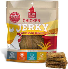 PLATO Pet Treats Jerky Dog Treats - Air-Dried Jerky for Dogs - Delicious, Real Meat Dog Treats - Grain Free - Supports Healthy Digestion - Chicken Jerky with Bone Broth