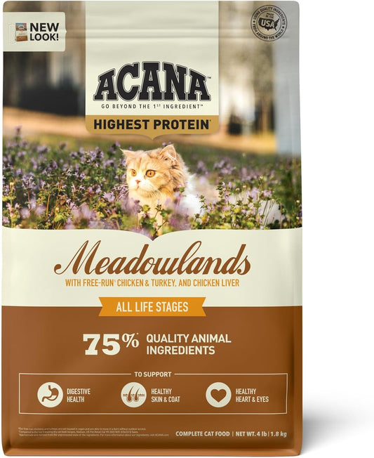 ACANA Highest Protein Meadowlands Grain-Free Dry Cat Food, Free-Run Chicken and Turkey and Chicken Liver Cat Food Recipe