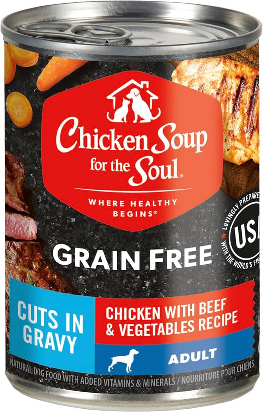 Chicken Soup for the Soul All Natural Premium Grain-Free All Life Stage Wet Dog Food, Real Meat First Ingredient, No by-Products, Chicken with Beef & Vegetables Cuts in Gravy, 13oz (Pack of 12)
