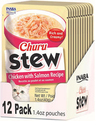 INABA Churu Stew for Cats, Broth Gelée with Shredded Chicken Side Dish Pouch with Vitamin E, Chicken with Salmon Recipe