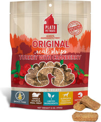 PLATO Turkey Real Strips Natural Dog Treats - Real Meat - Air Dried - Made in the USA - Turkey & Cranberry