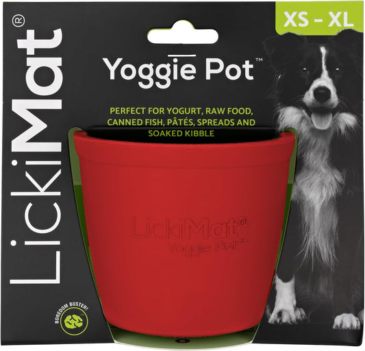 LICKIMAT Yoggie Pot - Distraction, Fun and Enrichment. Long Lasting Rubber Licking Treat Dispenser for All Dog Sizes and Slow Feeder for Small Dogs - Red