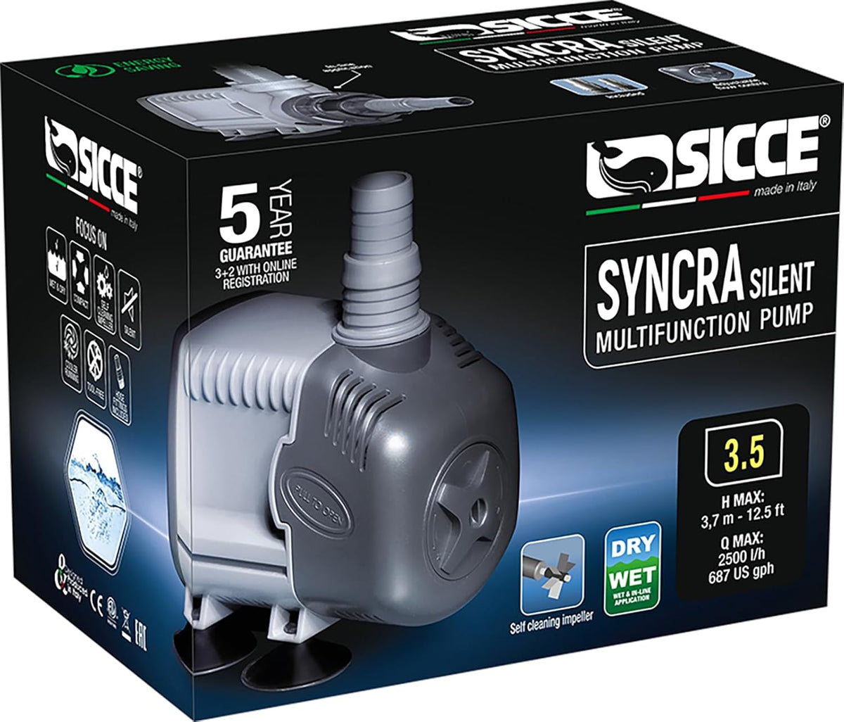 SICCE Syncra Silent 3.5 Multifunction 687 GPH Submersible Water Pump | Italian Made 68W Ultra Quiet Durable Aquarium Fish Tank, Fountain, Pond, Hydroponics, Terrarium Black | Freshwater & Saltwater