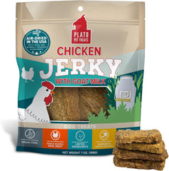 PLATO Pet Treats Dog Treats - Air-Dried Jerky - Delicious, Real Meat - Grain Free - Supports Healthy Digestion - Chicken with Goat Milk