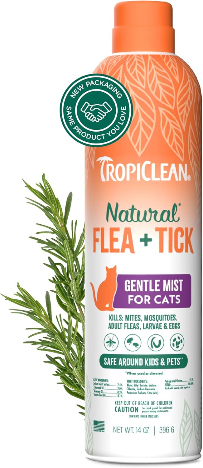 TropiClean Cat Flea and Tick Treatment Spray, Continuous Gentle Mist, Prevent & Control by Contact, Powerful & Natural Defense 14 oz