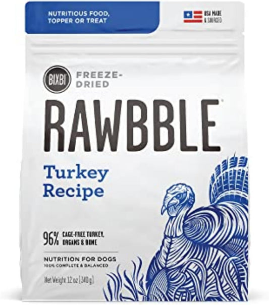 BIXBI Rawbble Freeze Dried Dog Food, Turkey Recipe  - 96% Meat and Organs, No Fillers - Pantry-Friendly Raw Dog Food for Meal, Treat or Food Topper - USA Made in Small Batches
