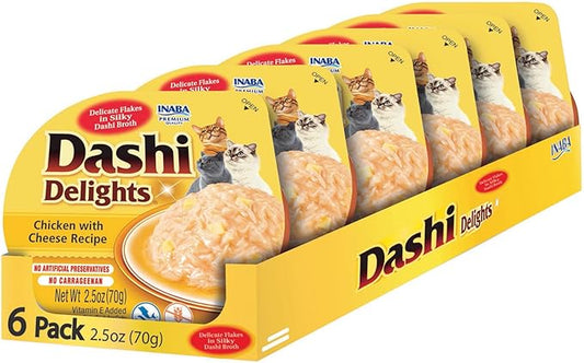 INABA Dashi Delights for Cats, Shredded Chicken with Bonito Flake Broth, 2.5 Ounce Cup, 6 Cups Total, Chicken with Cheese Recipe
