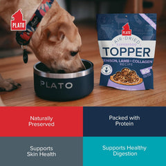 PLATO Pet Treats Dog Food Toppers - Air-Dried Dog Food Toppers for Dry Food - with Collagen to Support Skin and Coat Health - Venison, Lamb and Collagen Recipe