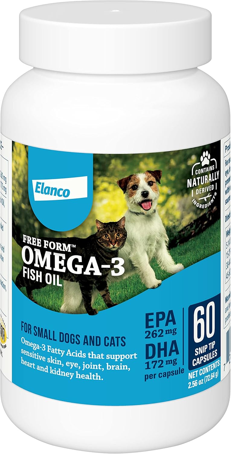 Elanco Free Form Snip Tips Omega-3 Fish Oil Liquid Supplement for Small Dogs and Cats, 60 Count