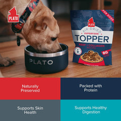 PLATO Pet Treats Dog Food Toppers - Air-Dried Dog Food Toppers for Dry Food - with Collagen to Support Skin and Coat Health - Beef and Collagen Recipe