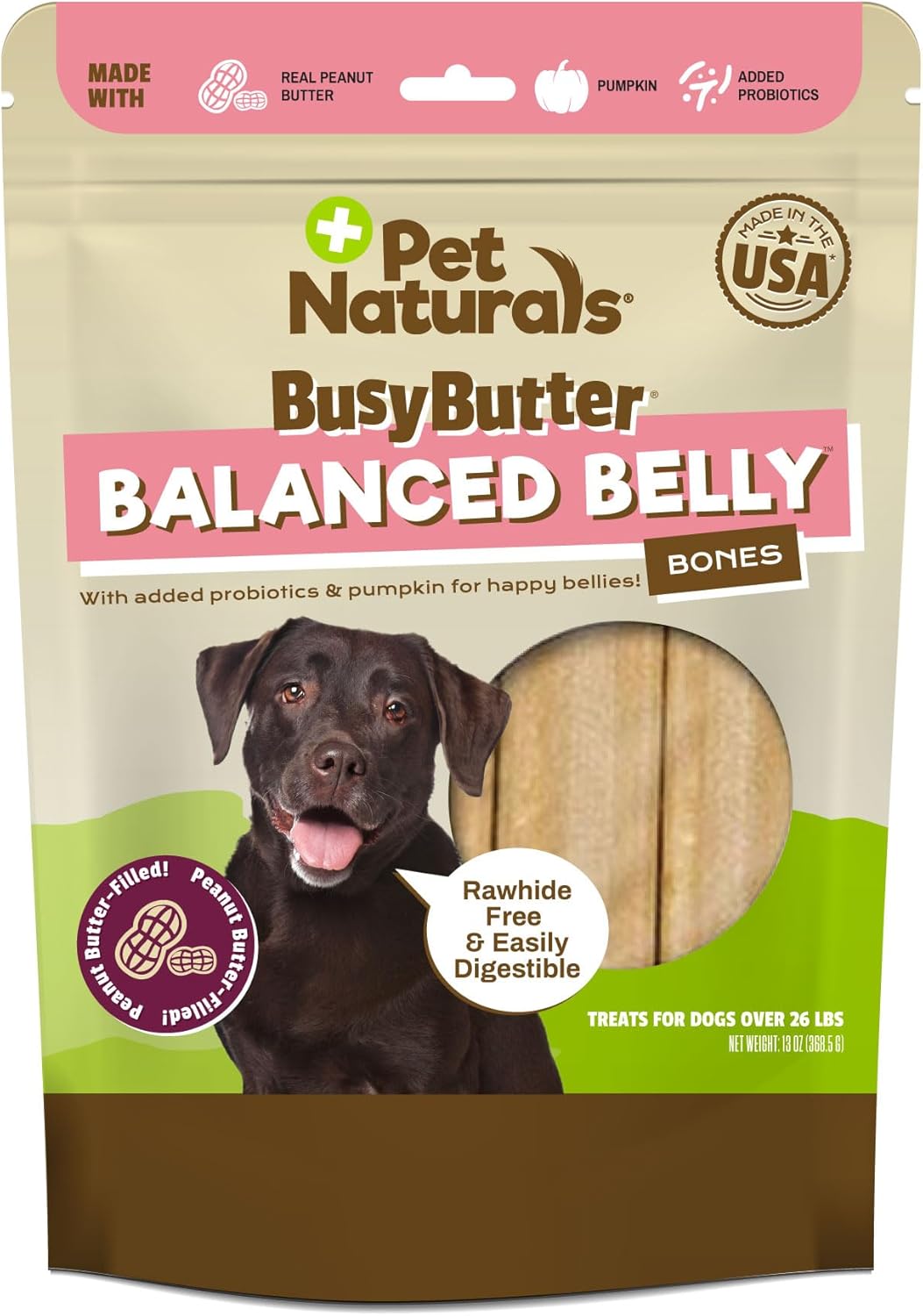 Pet Naturals BusyButter Balanced Belly Peanut Butter Bones, Rawhide-Free Chews for Medium/Large Dogs, Long Lasting Chew Bones, Probiotics and Pumpkin for Gut Health, 4 Count