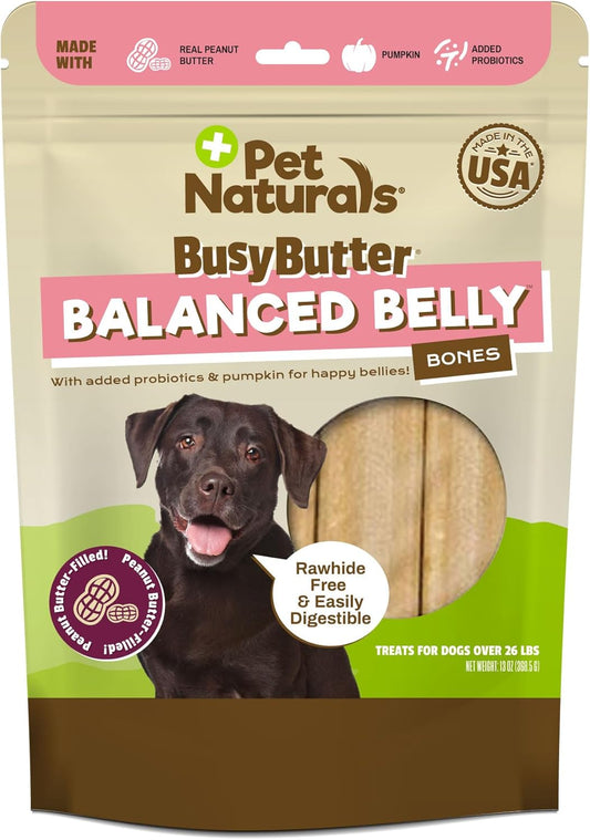 Pet Naturals BusyButter Balanced Belly Peanut Butter Bones, Rawhide-Free Chews for Medium/Large Dogs, Long Lasting Chew Bones, Probiotics and Pumpkin for Gut Health, 4 Count
