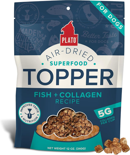 PLATO Pet Treats Dog Food Toppers - Air-Dried Dog Food Toppers for Dry Food - with Collagen to Support Skin and Coat Health - Fish and Collagen Recipe