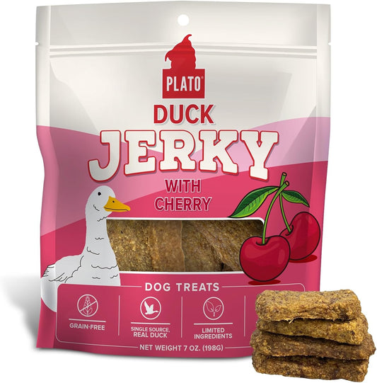 PLATO Pet Treats Jerky Dog Treats - Air-Dried Jerky for Dogs - Delicious, Real Meat Dog Treats - Grain Free - Supports Healthy Digestion - Duck Jerky with Cherry