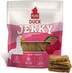 PLATO Pet Treats Jerky Dog Treats - Air-Dried Jerky for Dogs - Delicious, Real Meat Dog Treats - Grain Free - Supports Healthy Digestion - Duck Jerky with Cherry