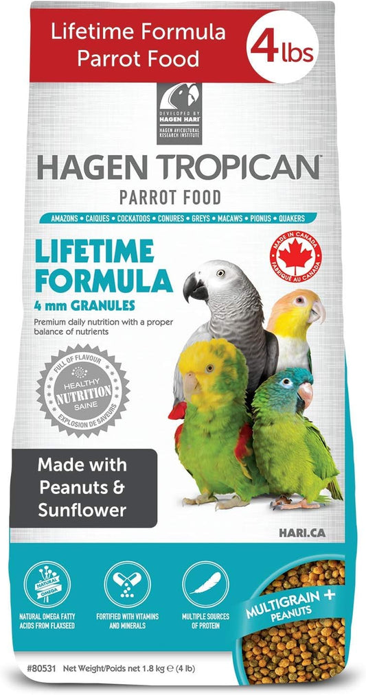 Hagen Tropican Lifetime Formula Parrot Food, 4 lb Parrot Food with Peanuts & Sunflower Seeds and Balance Nutrition Levels